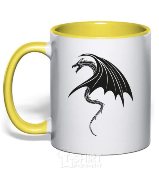 Mug with a colored handle Angry black dragon yellow фото
