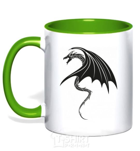 Mug with a colored handle Angry black dragon kelly-green фото
