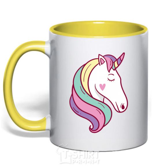 Mug with a colored handle Heart unicorn yellow фото