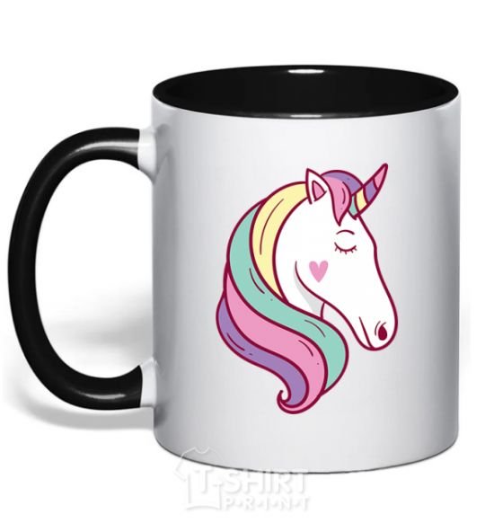 Mug with a colored handle Heart unicorn black фото