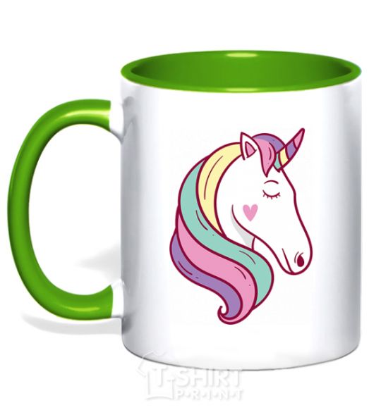 Mug with a colored handle Heart unicorn kelly-green фото