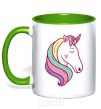 Mug with a colored handle Heart unicorn kelly-green фото