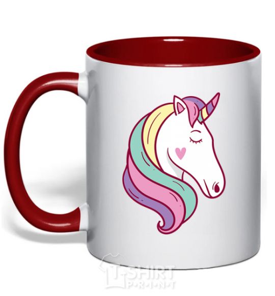 Mug with a colored handle Heart unicorn red фото
