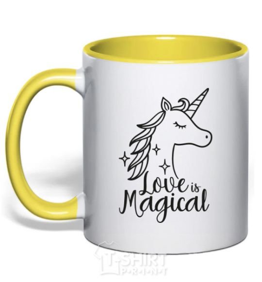 Mug with a colored handle Unicorn love yellow фото