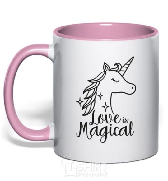 Mug with a colored handle Unicorn love light-pink фото