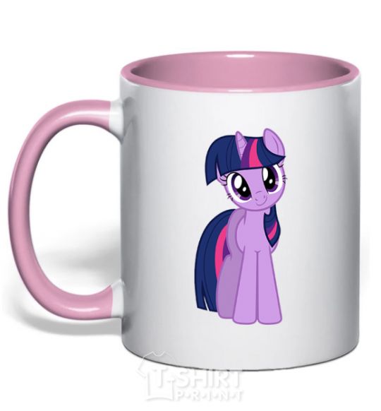 Mug with a colored handle A purple unicorn light-pink фото