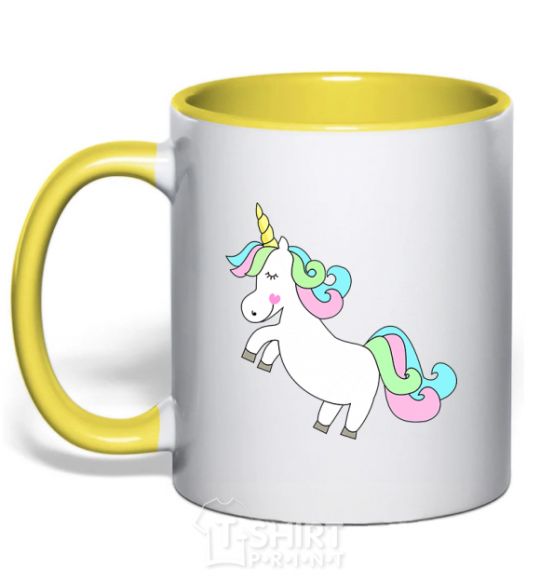 Mug with a colored handle Pastel unicorn with heart yellow фото