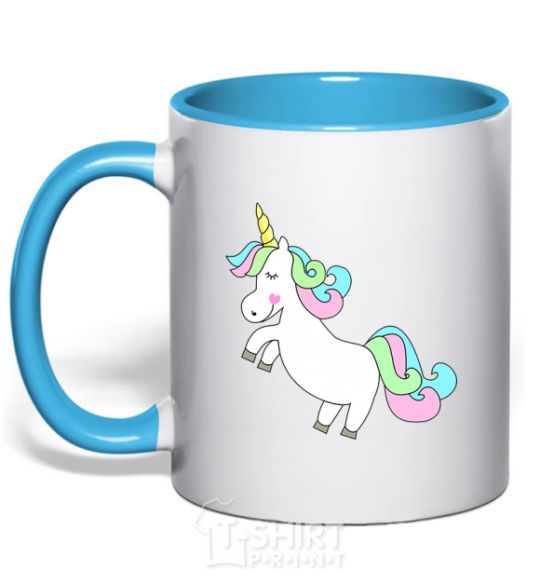 Mug with a colored handle Pastel unicorn with heart sky-blue фото