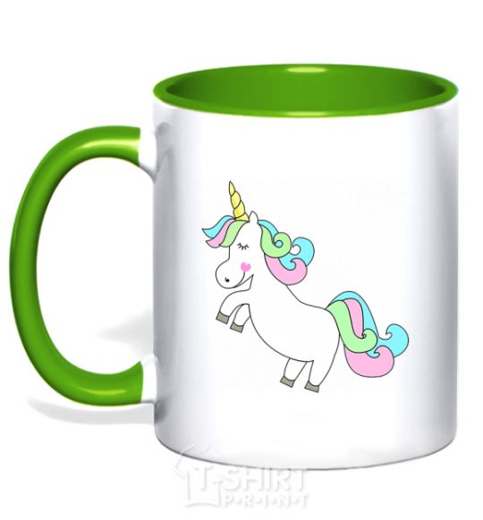 Mug with a colored handle Pastel unicorn with heart kelly-green фото