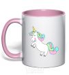 Mug with a colored handle Pastel unicorn with heart light-pink фото