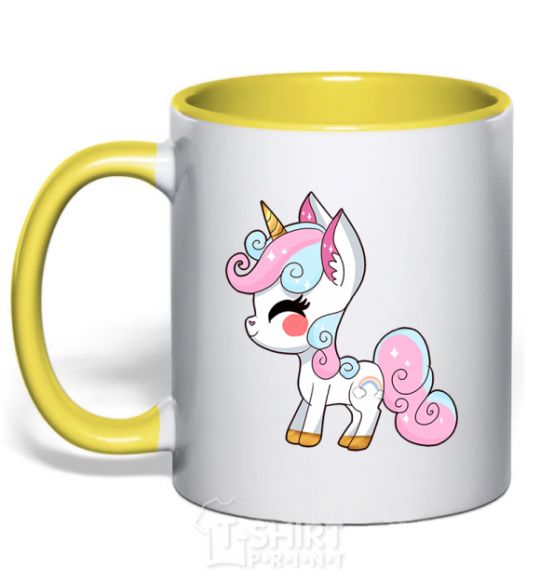 Mug with a colored handle Cute unicorn yellow фото