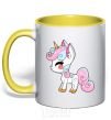 Mug with a colored handle Cute unicorn yellow фото