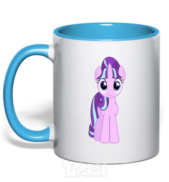 Mug with a colored handle Unicorn smile sky-blue фото