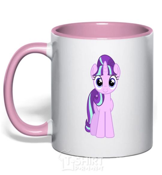 Mug with a colored handle Unicorn smile light-pink фото