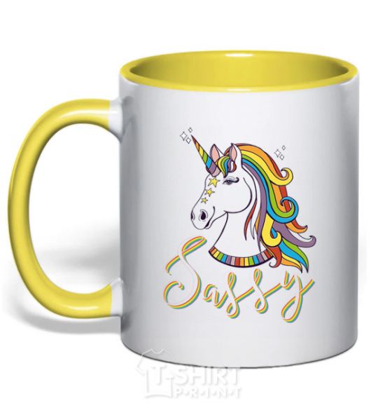 Mug with a colored handle Sassy unicorn yellow фото