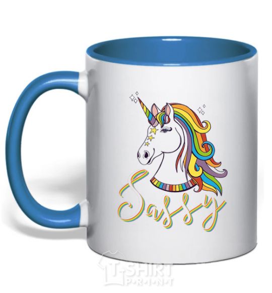 Mug with a colored handle Sassy unicorn royal-blue фото