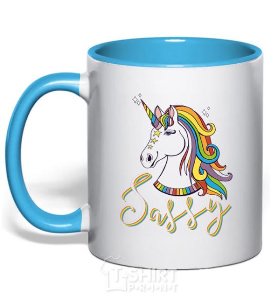 Mug with a colored handle Sassy unicorn sky-blue фото