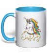 Mug with a colored handle Sassy unicorn sky-blue фото