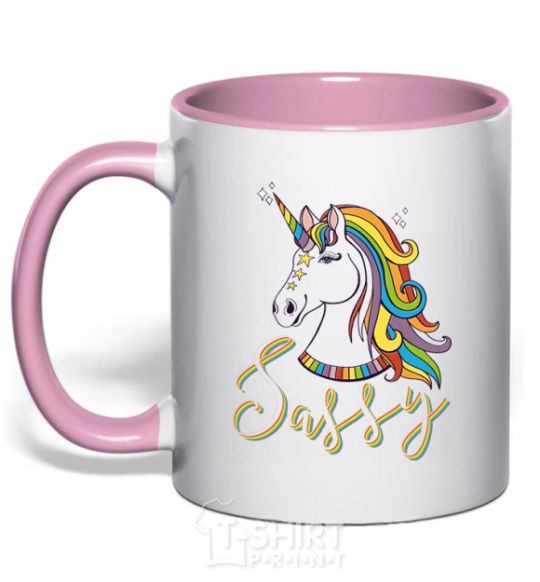 Mug with a colored handle Sassy unicorn light-pink фото