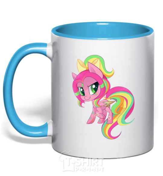 Mug with a colored handle Green unicorn sky-blue фото