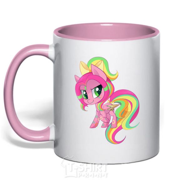 Mug with a colored handle Green unicorn light-pink фото