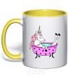 Mug with a colored handle Unicorn bath yellow фото