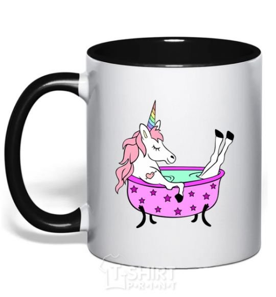 Mug with a colored handle Unicorn bath black фото