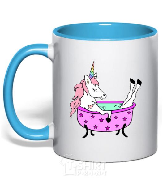 Mug with a colored handle Unicorn bath sky-blue фото