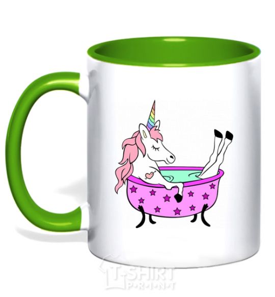 Mug with a colored handle Unicorn bath kelly-green фото