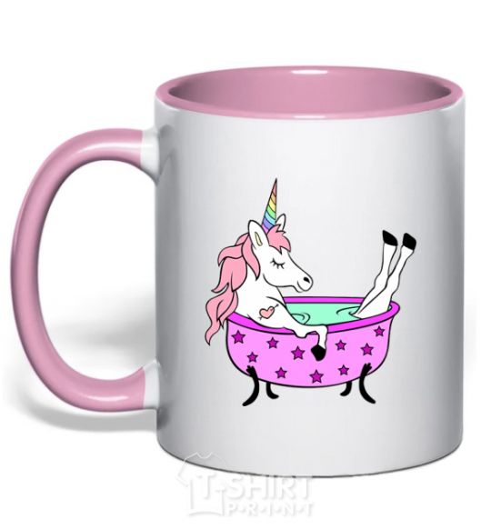 Mug with a colored handle Unicorn bath light-pink фото
