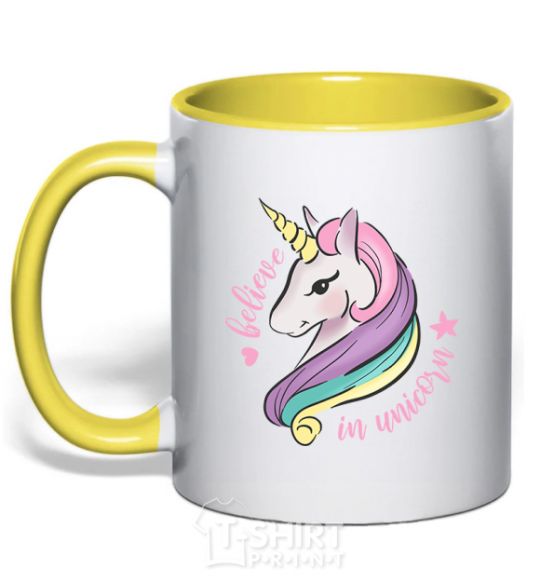 Mug with a colored handle Believe in unicorn yellow фото
