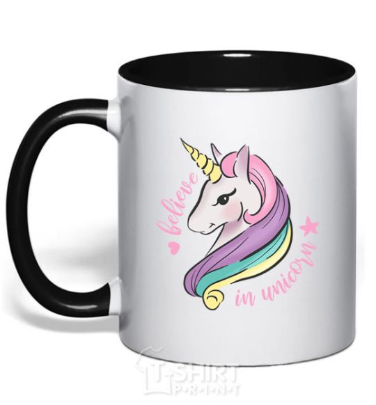 Mug with a colored handle Believe in unicorn black фото