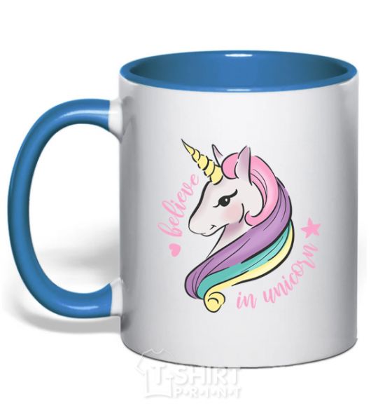 Mug with a colored handle Believe in unicorn royal-blue фото