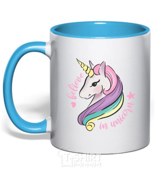 Mug with a colored handle Believe in unicorn sky-blue фото