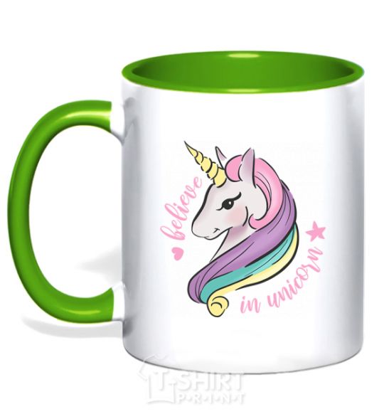 Mug with a colored handle Believe in unicorn kelly-green фото