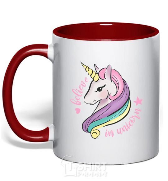 Mug with a colored handle Believe in unicorn red фото