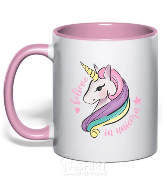 Mug with a colored handle Believe in unicorn light-pink фото