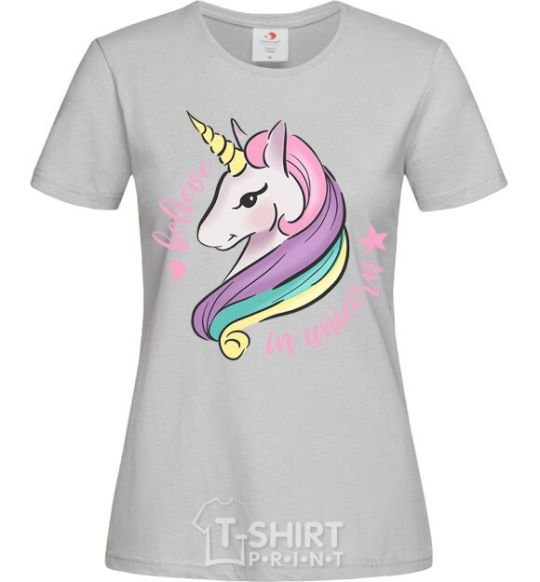 Женская футболка Believe in unicorn Серый фото