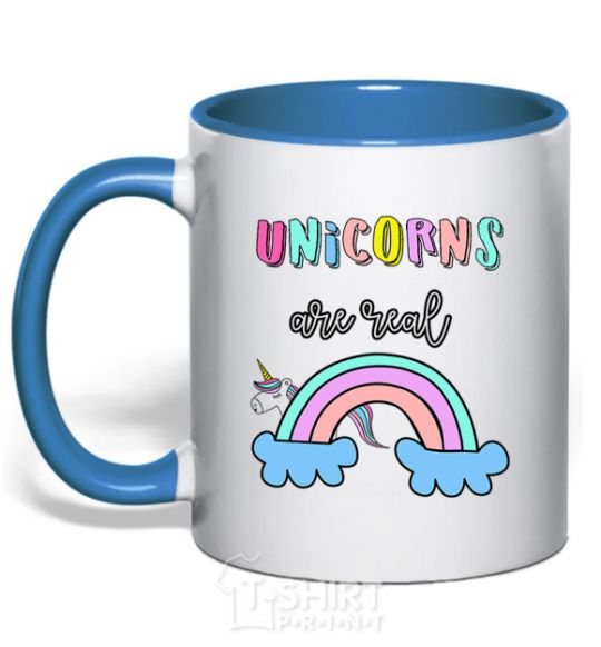 Чашка с цветной ручкой Unicorns are real Ярко-синий фото