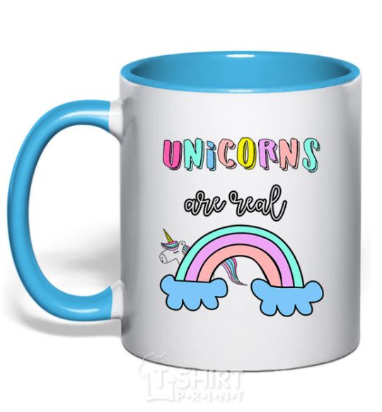 Mug with a colored handle Unicorns are real sky-blue фото