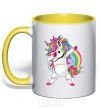Mug with a colored handle Hyping unicorn yellow фото