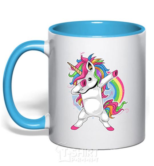 Mug with a colored handle Hyping unicorn sky-blue фото