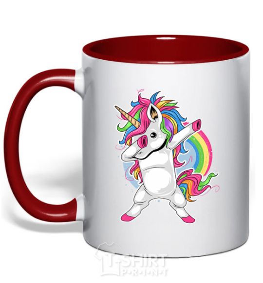 Mug with a colored handle Hyping unicorn red фото