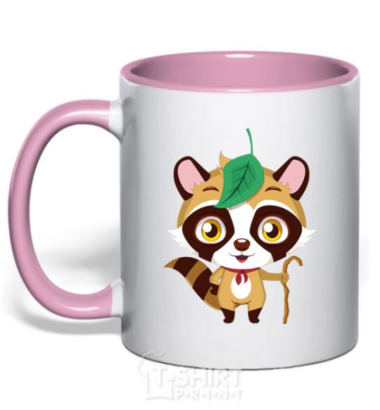 Mug with a colored handle Little raccoon light-pink фото