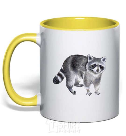 Mug with a colored handle A drawing of a raccoon yellow фото