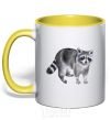 Mug with a colored handle A drawing of a raccoon yellow фото