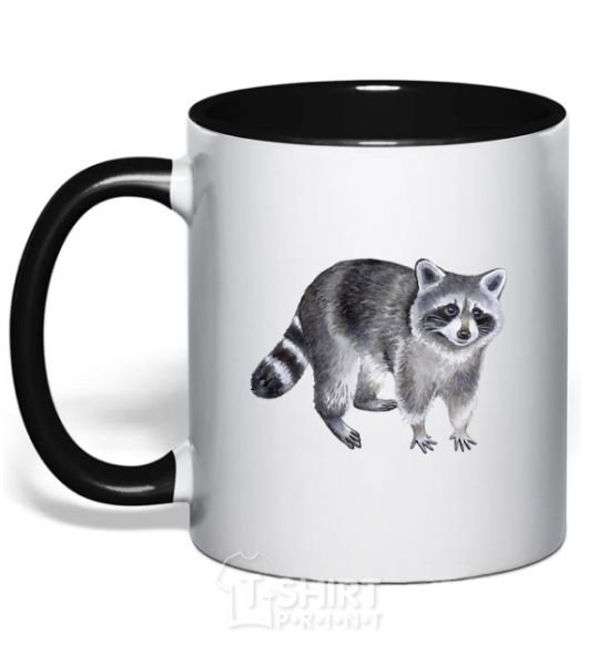 Mug with a colored handle A drawing of a raccoon black фото