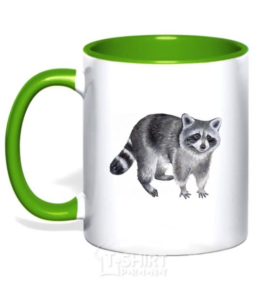 Mug with a colored handle A drawing of a raccoon kelly-green фото