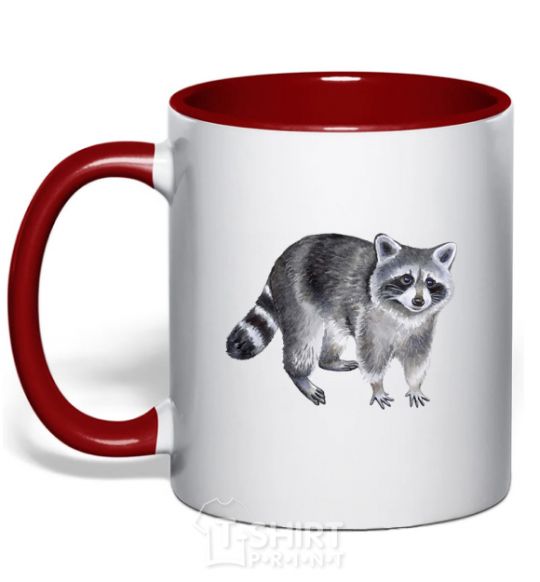 Mug with a colored handle A drawing of a raccoon red фото