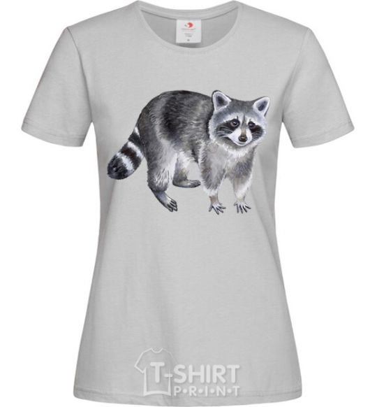 Women's T-shirt A drawing of a raccoon grey фото